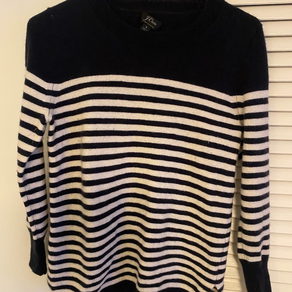 J. Crew Navy and White Striped Crew Neck Sweater 100% cashmere